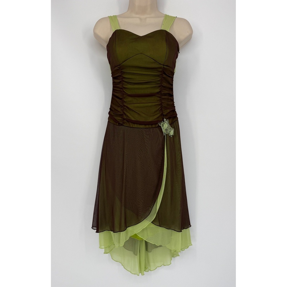 Brown‎ Lime Mesh Hi Low Dress Y2K Fairycore Ruched Asymmetrical Forest Grunge